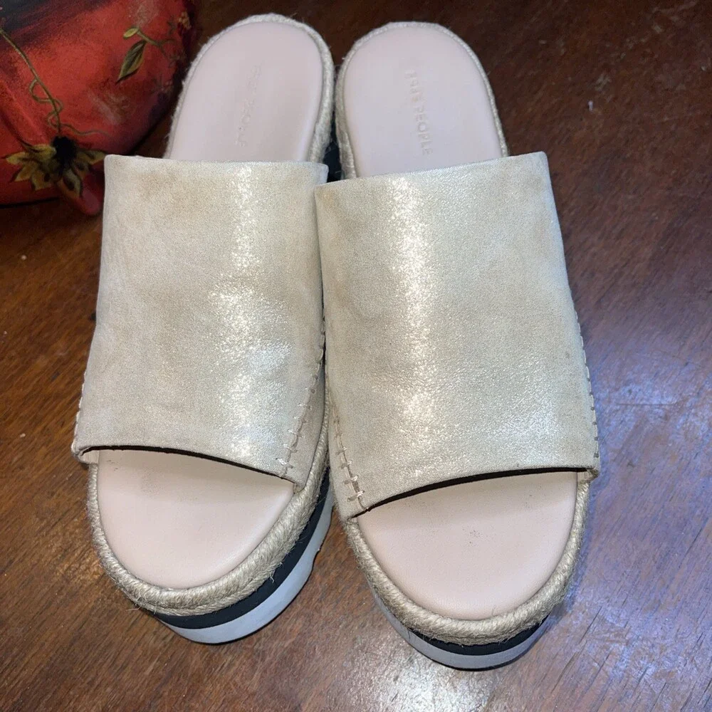Free People Women Santorini Espadrille Platform Sandals Sz 7.5M RoseGold Leather